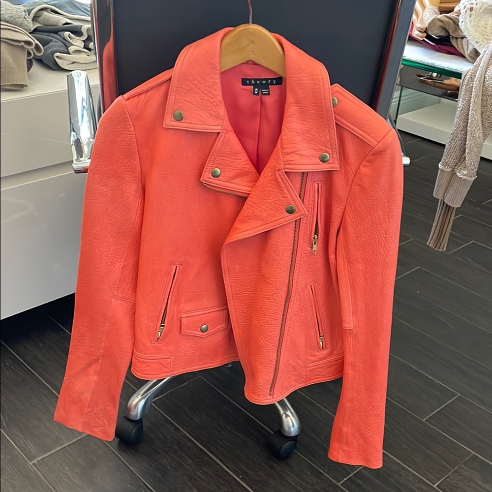 Theory coral Leather Moto Jacket Asymmetrical Zipper